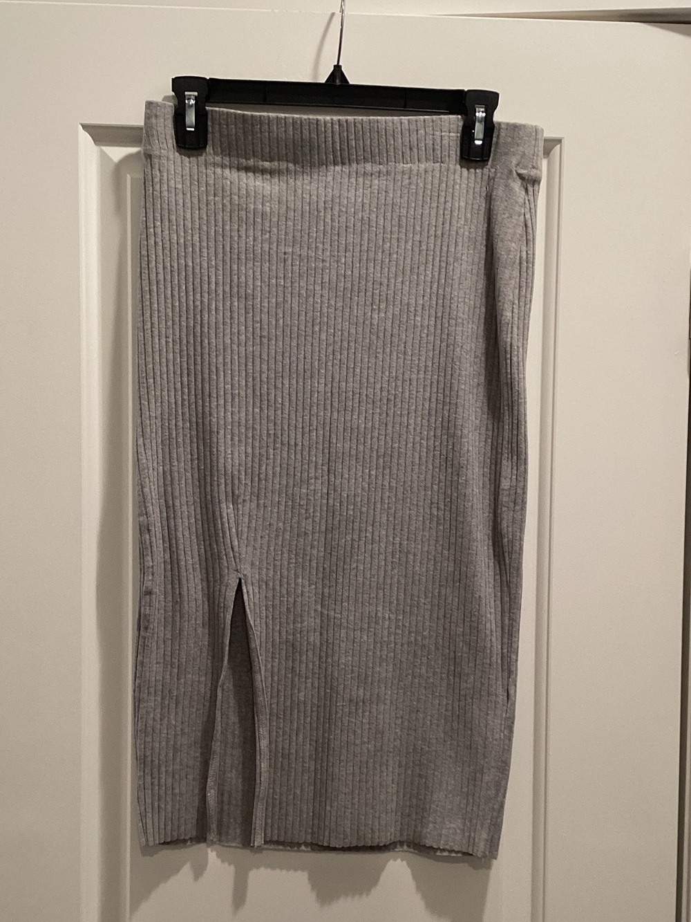 Zara Ribbed Midi Skirt in Light Gray with Front Slit